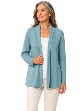 Eileen Fisher Merino Wool Open Front Cardigan Sea Foam Blue Petite Medium EUC!